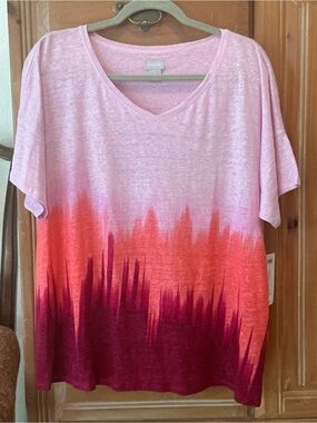 NEW SIZE 2 OR LARGE Chico's Pink to Orange Ombre V-Neck Short Sleeve Top